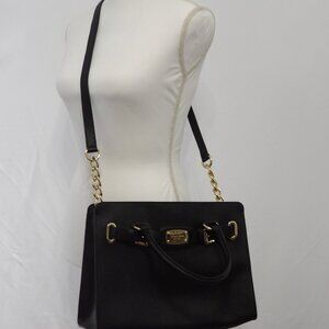 Michael Kors Hamilton EW Satchel Black Saffiano Leather Gold Hardware Gently Use